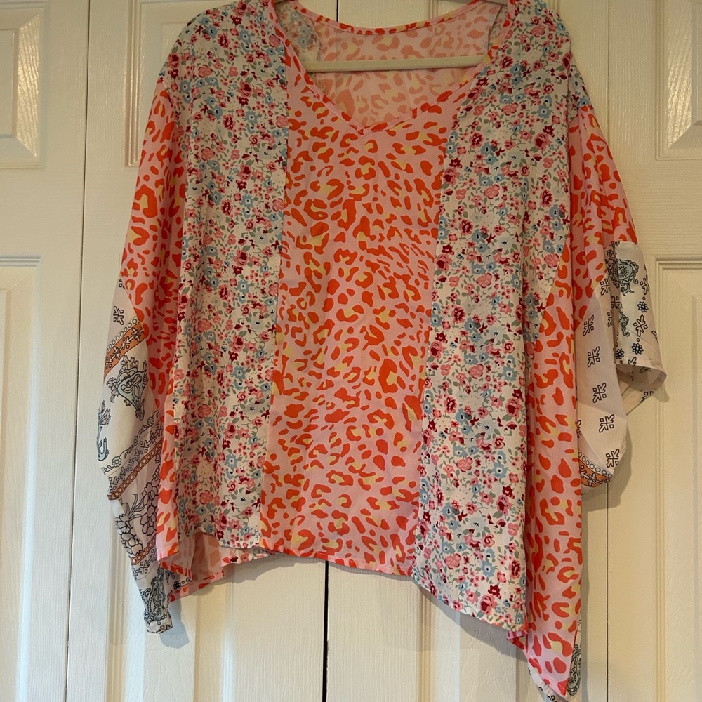 Bat sleeve top - pink leopard and floral